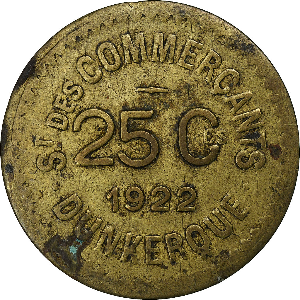 France, Société des Commerçants - Dunkerque, 25 Centimes, 1922, TTB, Laiton