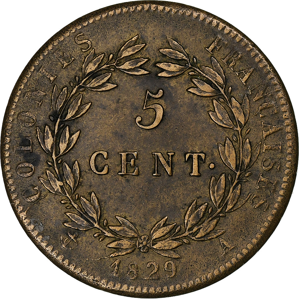 FRENCH GUIANA, Charles X, 5 Centimes, 1829, Paris, Bronze, AU(50-53)