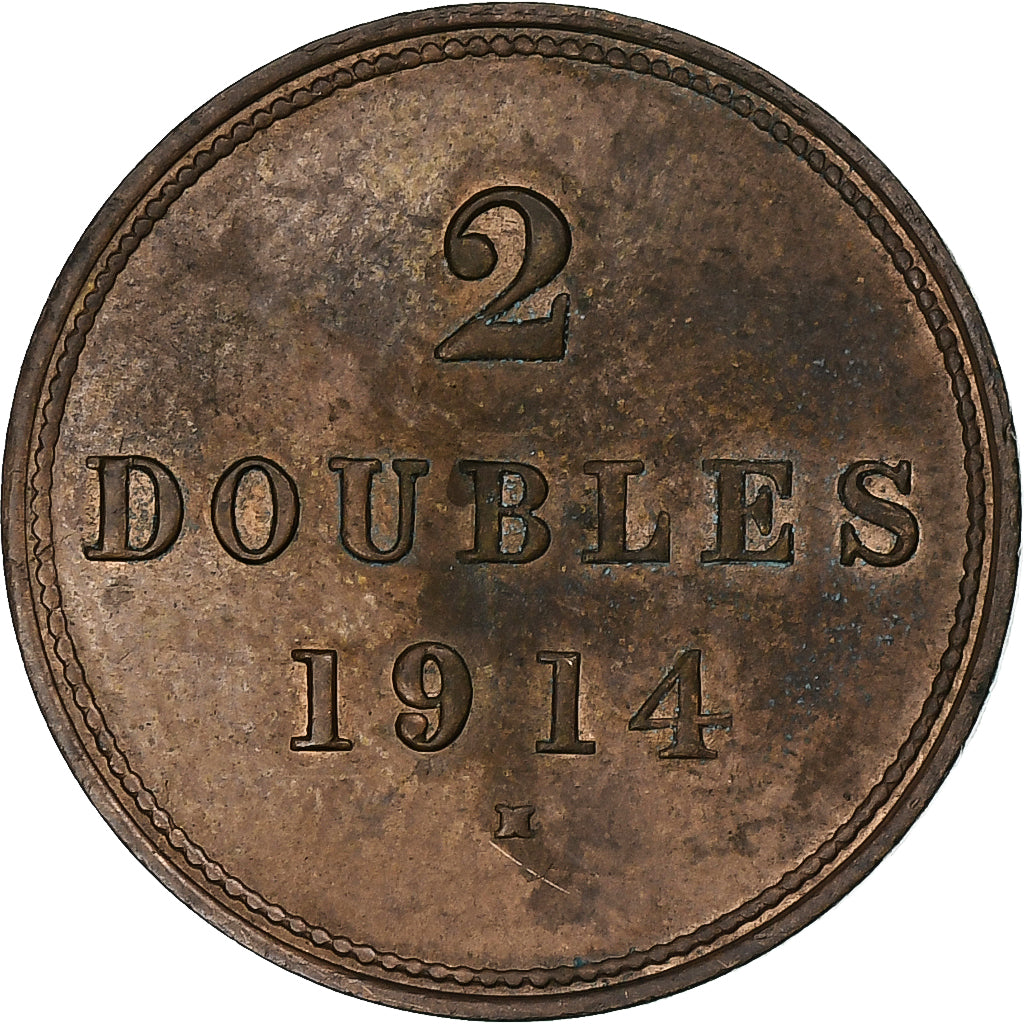 Guernsey, 2 Doubles, 1914, Bronze, AU(55-58)