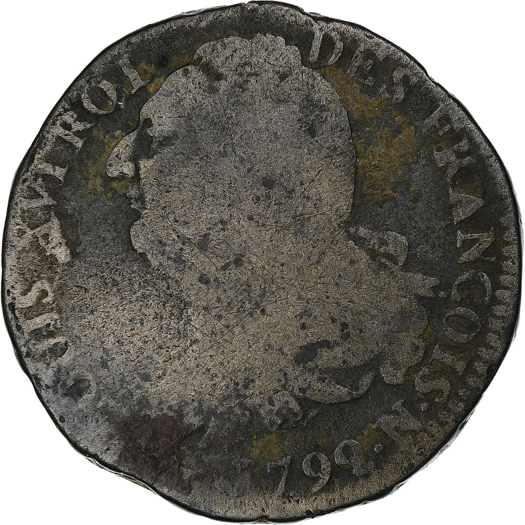 França, Louis XVI, 2 Sols, 1792 / AN 4, Montpellier, Cobre, VG(8-10)