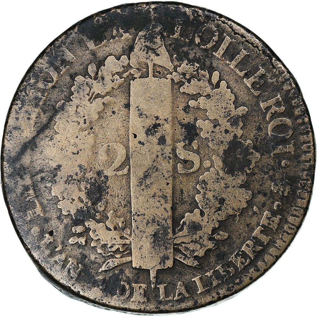 França, Louis XVI, 2 Sols, 1792 / AN 4, Paris, Cobre, F(12-15), Gadoury:25