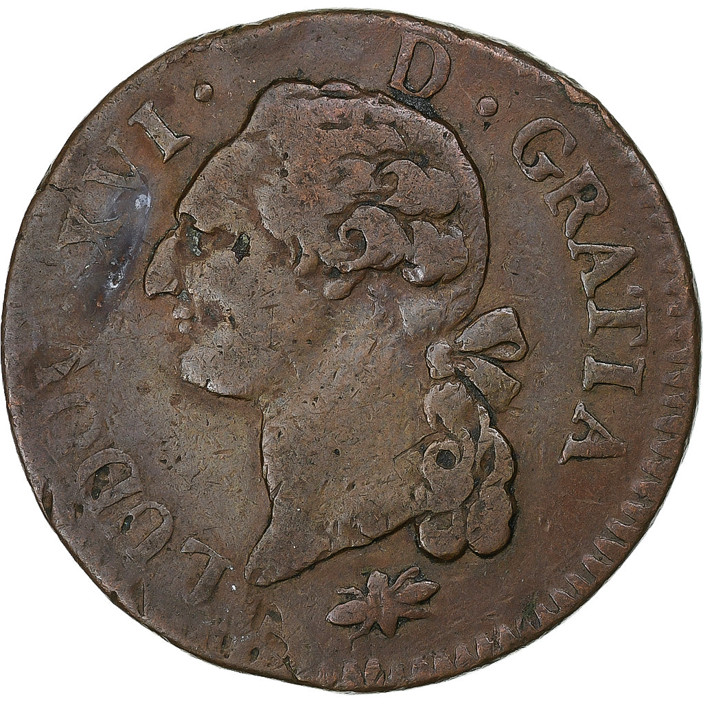 France, Louis XVI, Sol, 1791, Lyon, Cuivre, TB, Gadoury:350
