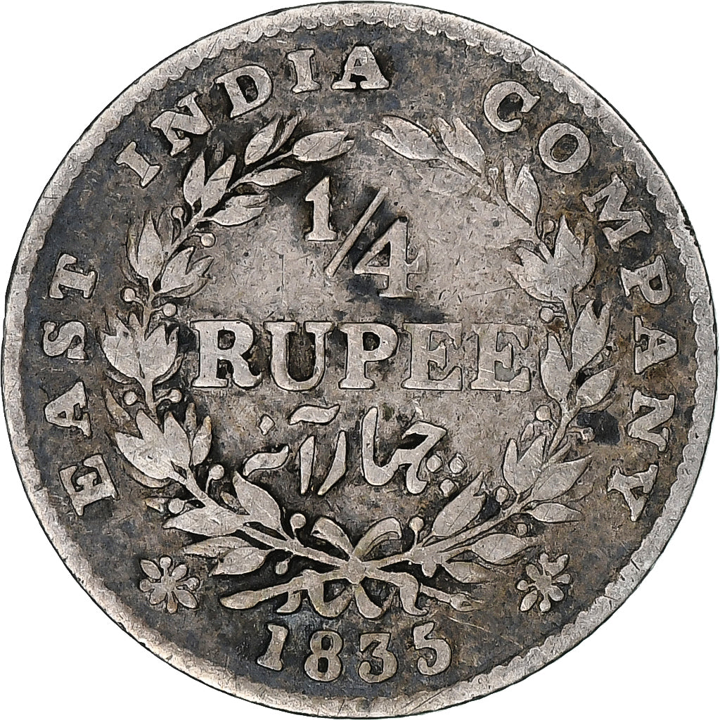 INDIA-BRITISH, Guillaume IV, 1/4 Rupee, 1835, Silver, VF(30-35), KM:448