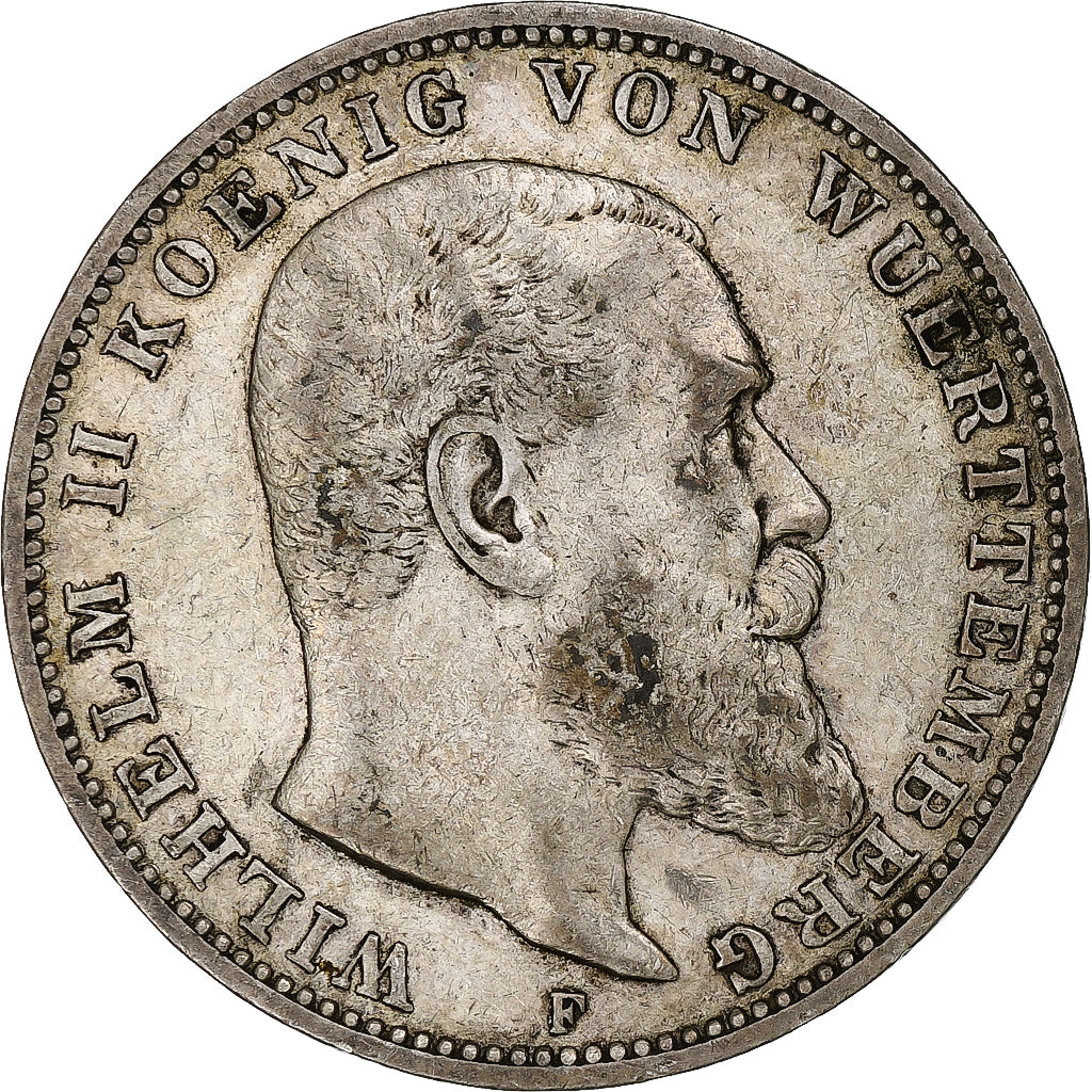 Landy niemieckie, WURTTEMBERG, Wilhelm II, 3 Mark, 1909, Stuttgart, Srebro
