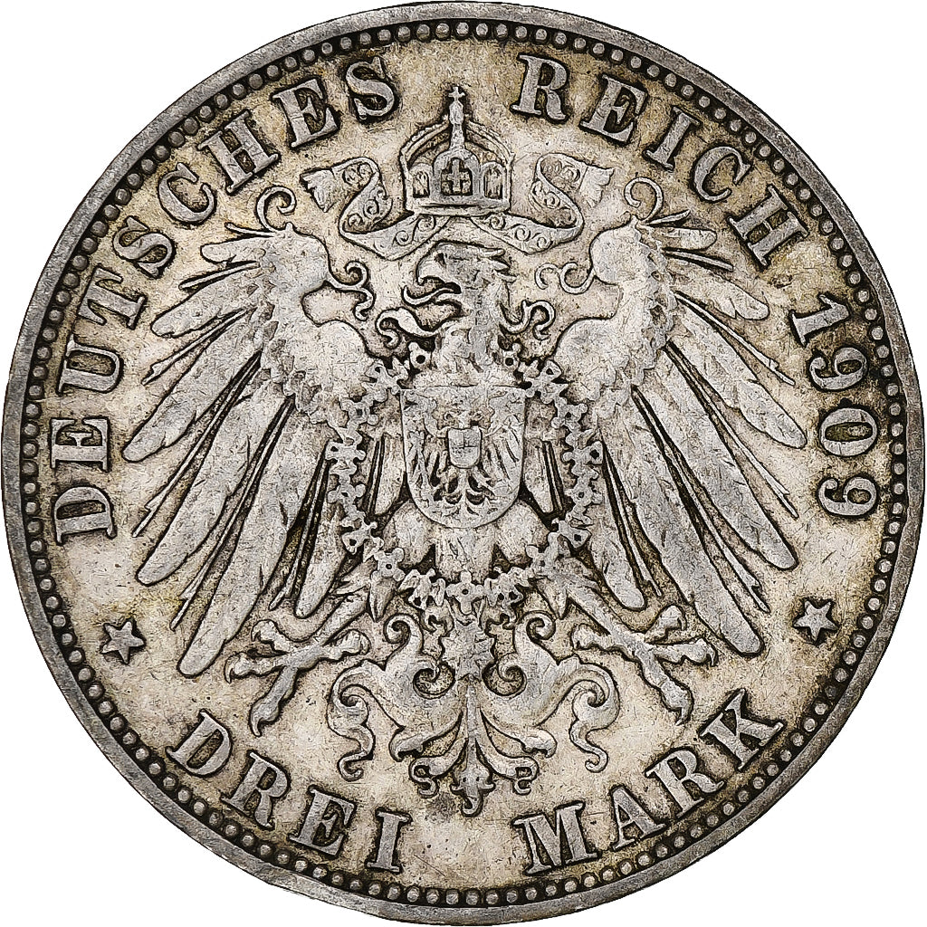 Etats allemands, WURTTEMBERG, Wilhelm II, 3 Mark, 1909, Stuttgart, Argent, TTB+
