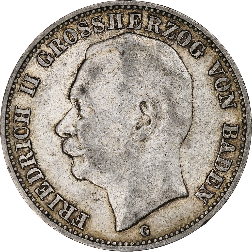 German States, BADEN, Frederick II, 3 Mark, 1909, Berlin, Silver, EF(40-45)
