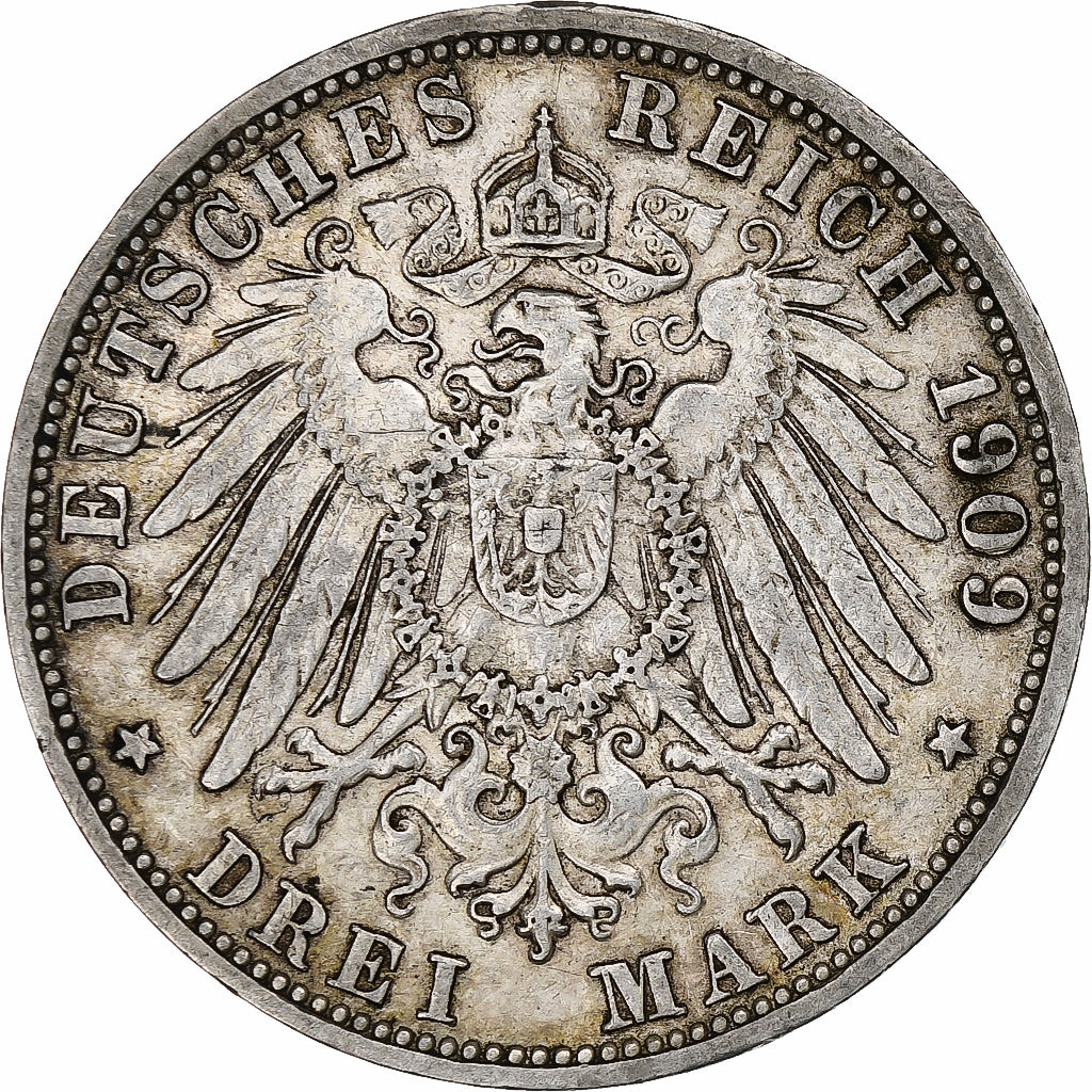 German States, BADEN, Frederick II, 3 Mark, 1909, Berlin, Silver, EF(40-45)