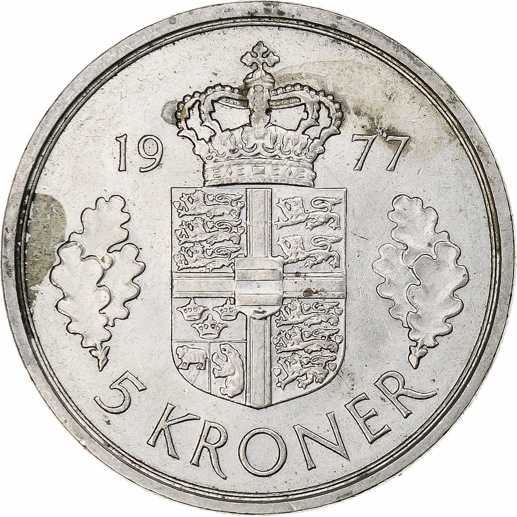 Danimarca, Margrethe II, 5 Kroner, 1977, Copenhagen, Rame-nichel, BB+, KM:863.1