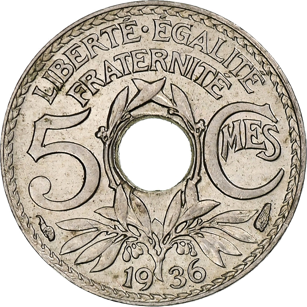 France, 5 Centimes, Lindauer, 1936, Paris, Copper-nickel, AU(55-58)
