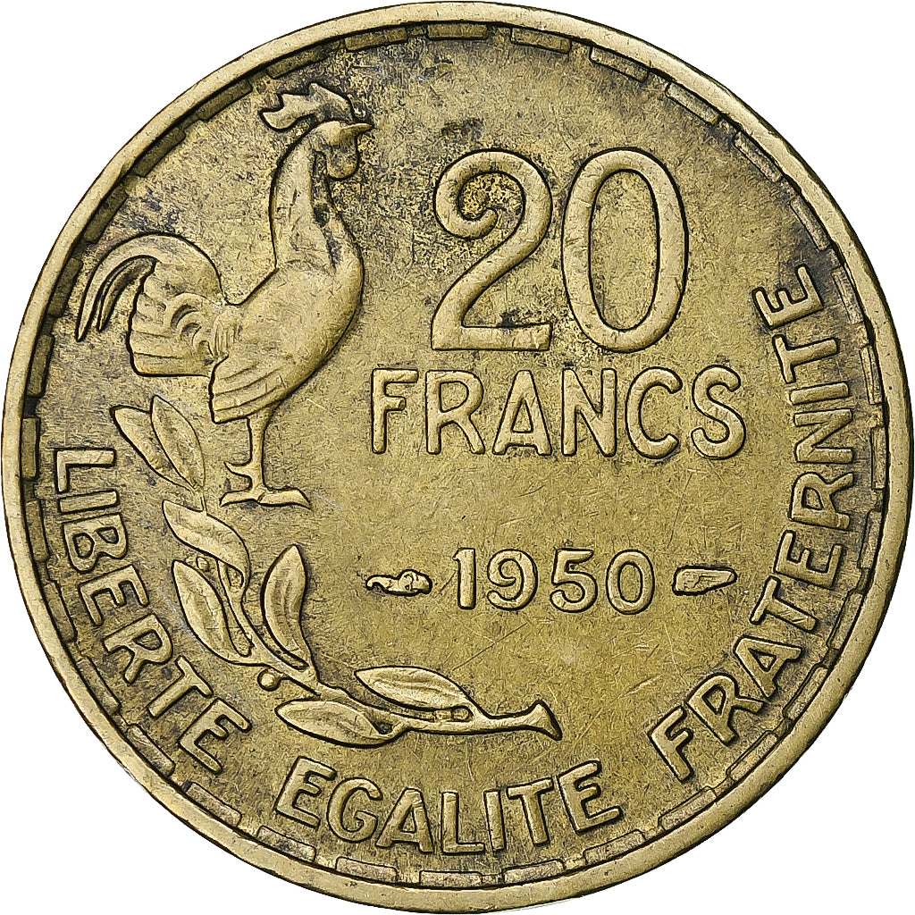 Frankrijk, 20 Francs, Guiraud, 1950, Paris, 3 faucilles, Cupro-Aluminium, ZF+