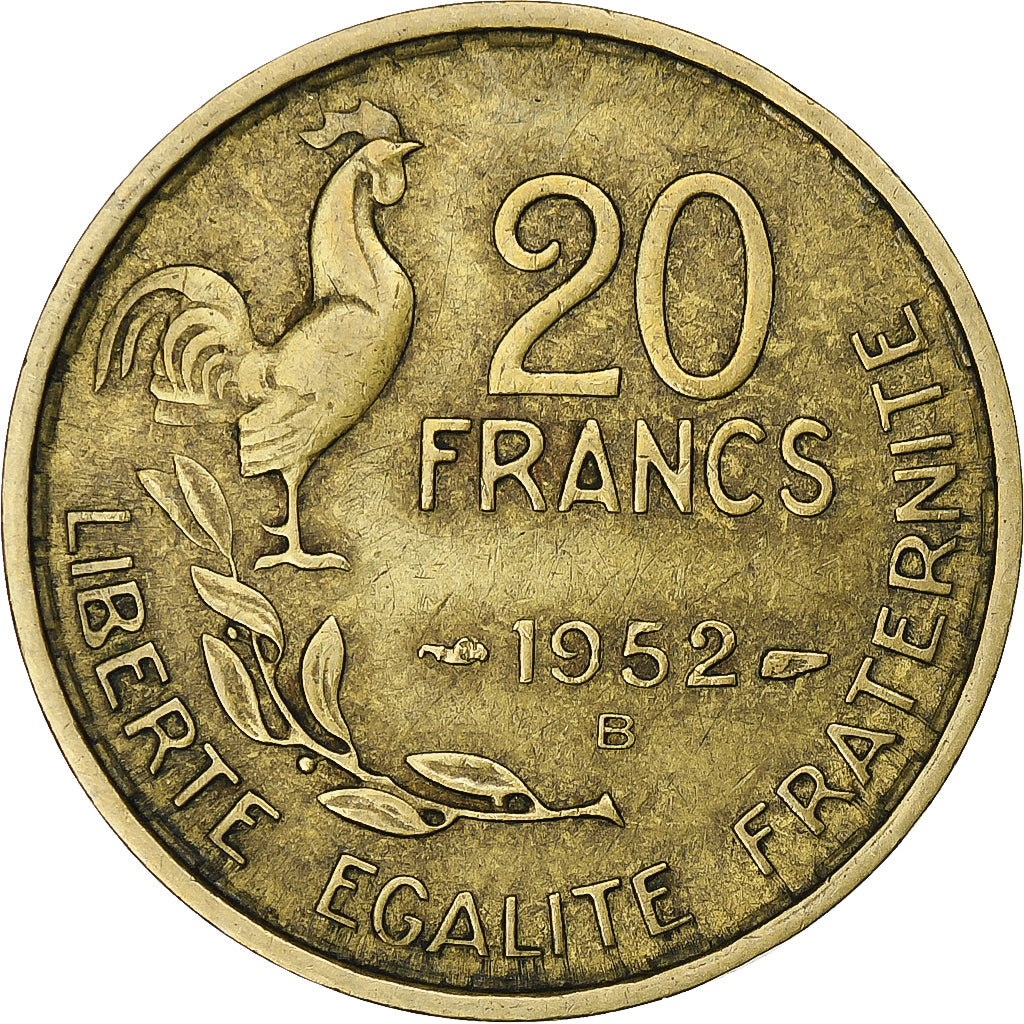 Francia, 20 Francs, Guiraud, 1952, Beaumont - Le Roger, Rame-alluminio, BB+