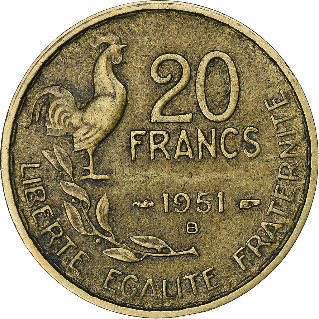 Francia, 20 Francs, Guiraud, 1951, Beaumont - Le Roger, Cuproaluminio, MBC+
