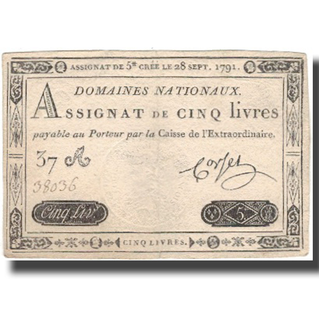 Francia, 5 Livres, 1791, Corset, 1791-09-28, BB+, KM:A49, Lafaurie:144
