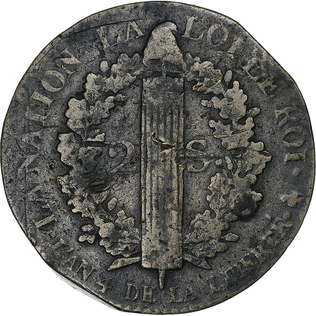 France, Louis XVI, 2 Sols, 1792 / AN 4, Paris, Copper, VF(30-35), Gadoury:25