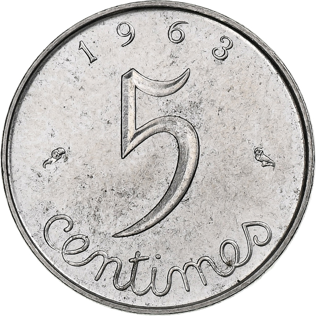 Frankrijk, 5 Centimes, Épi, 1963, Paris, Stainless Steel, PR+, Gadoury:172