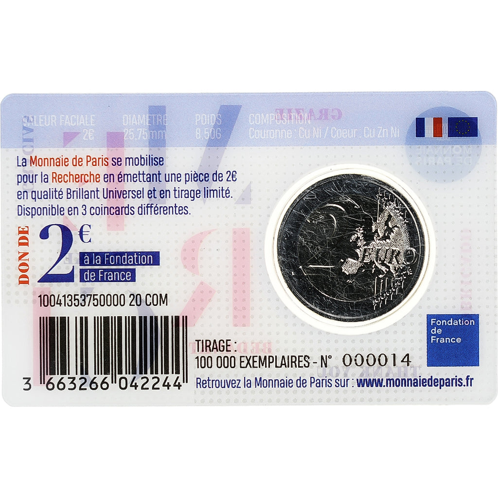 França, 2 Euro, Recherche médicale, UNION, Coin card, 2020, MDP, Bimetálico
