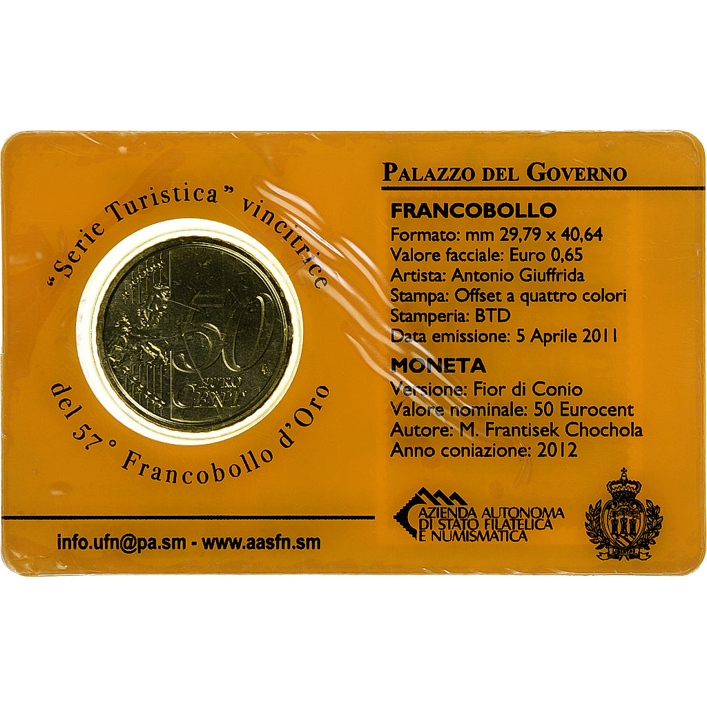 San Marino, 50 Euro Cent, Palazzo del Governo, Stamp and coin card, 2012, Rome