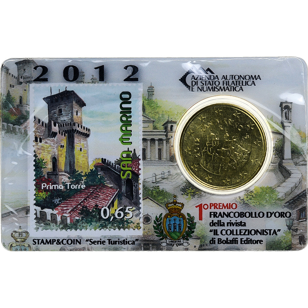 San Marino, 50 Euro Cent, Prima Torre, Stamp and coin card, 2012, Rome, Nordic