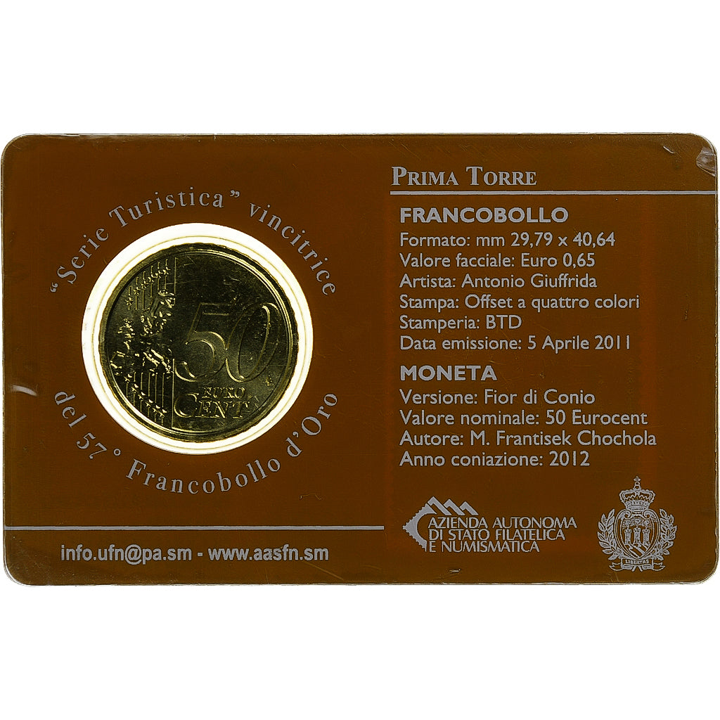 San Marino, 50 Euro Cent, Prima Torre, Stamp and coin card, 2012, Rome, Nordic