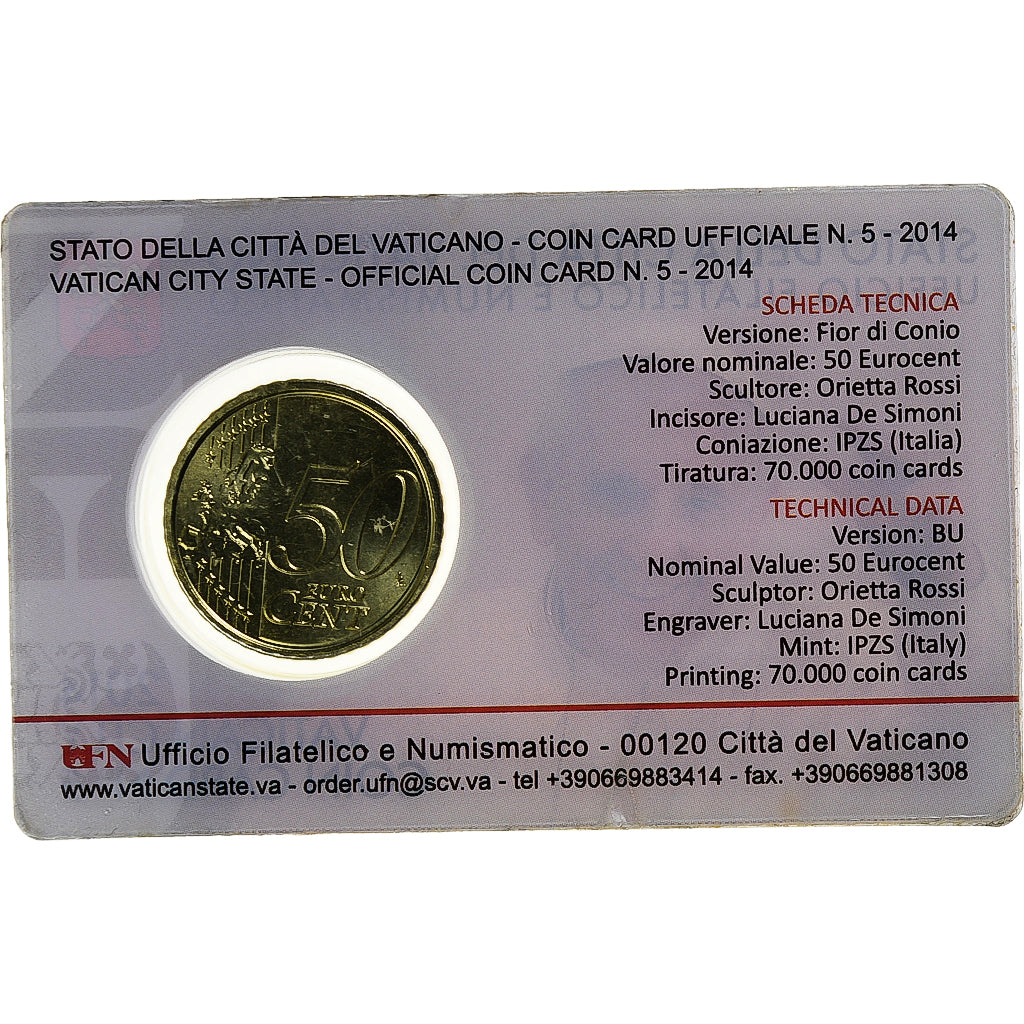 Vatican, 50 Euro Cent, Pape François, Coin card.FDC, 2014, Rome, Nordic gold
