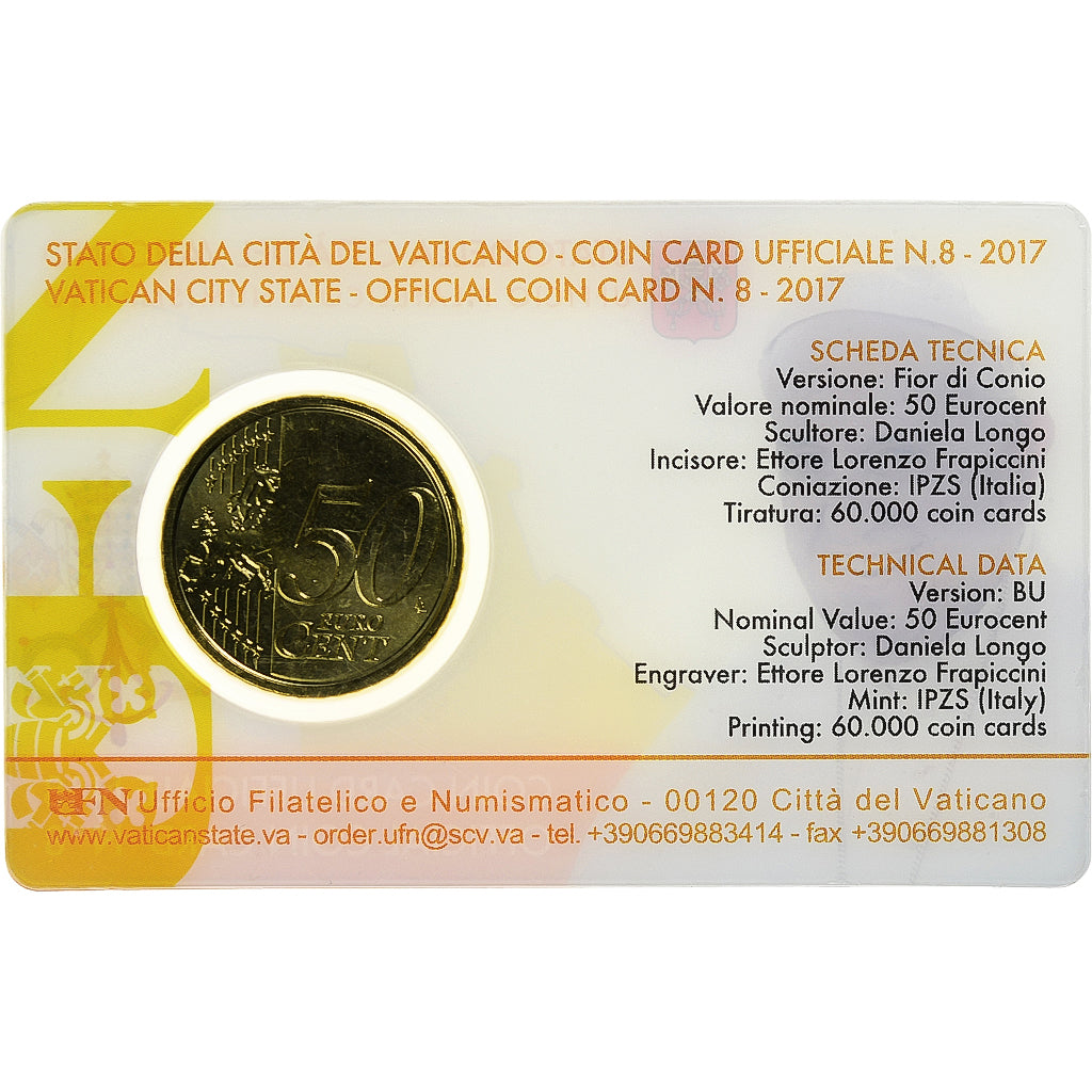 Vaticano, 50 Euro Cent, Pape François, Coin card.FDC, 2017, Rome, Nordic gold