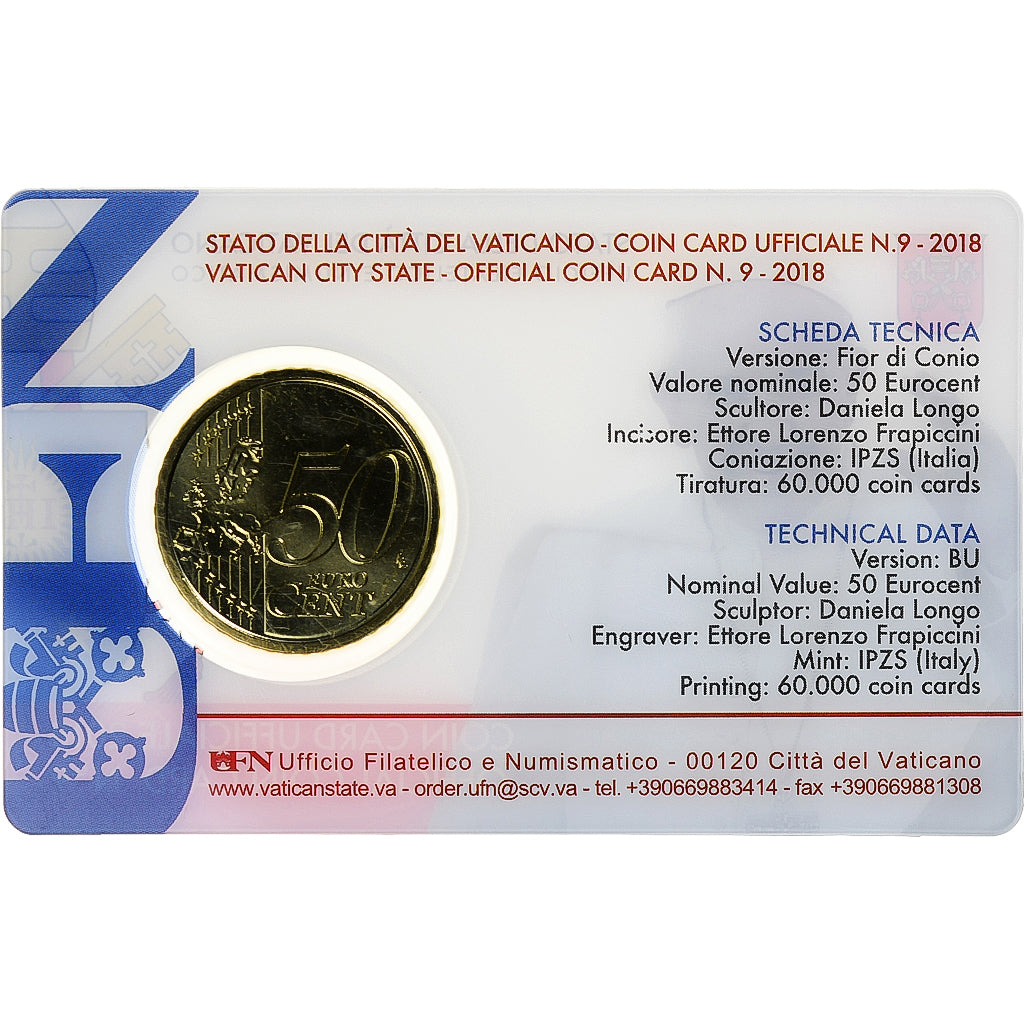 Watykan, 50 Euro Cent, Pape François, Coin card.FDC, 2018, Rome, Nordic gold