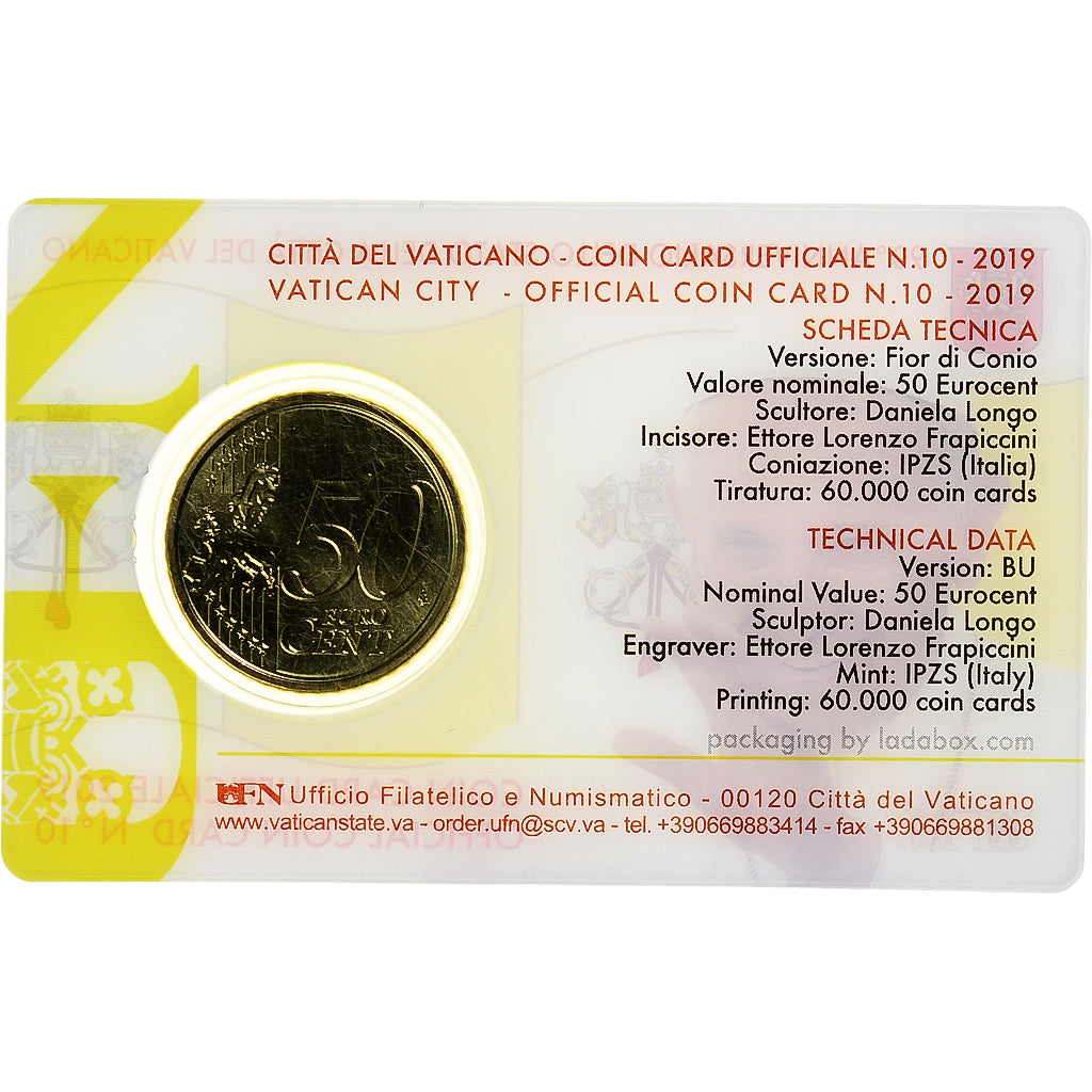 Vatican, 50 Euro Cent, Pape François, Coin card.FDC, 2019, Rome, Or nordique