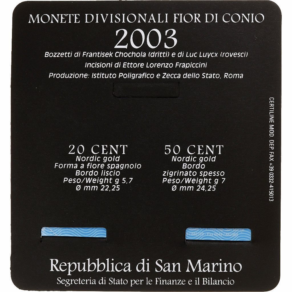 San Marino, Set 20 ct. & 50 ct., Coin card.FDC, 2003, Rome, Nordic gold, FDC
