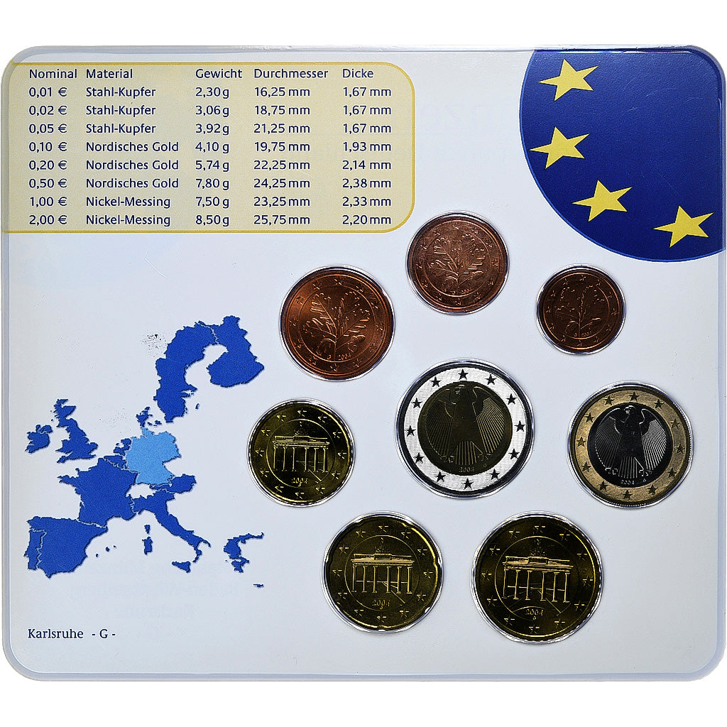 ALEMANHA - REPÚBLICA FEDERAL, Set 1 ct. - 2 Euro, FDC, Coin card, 2004