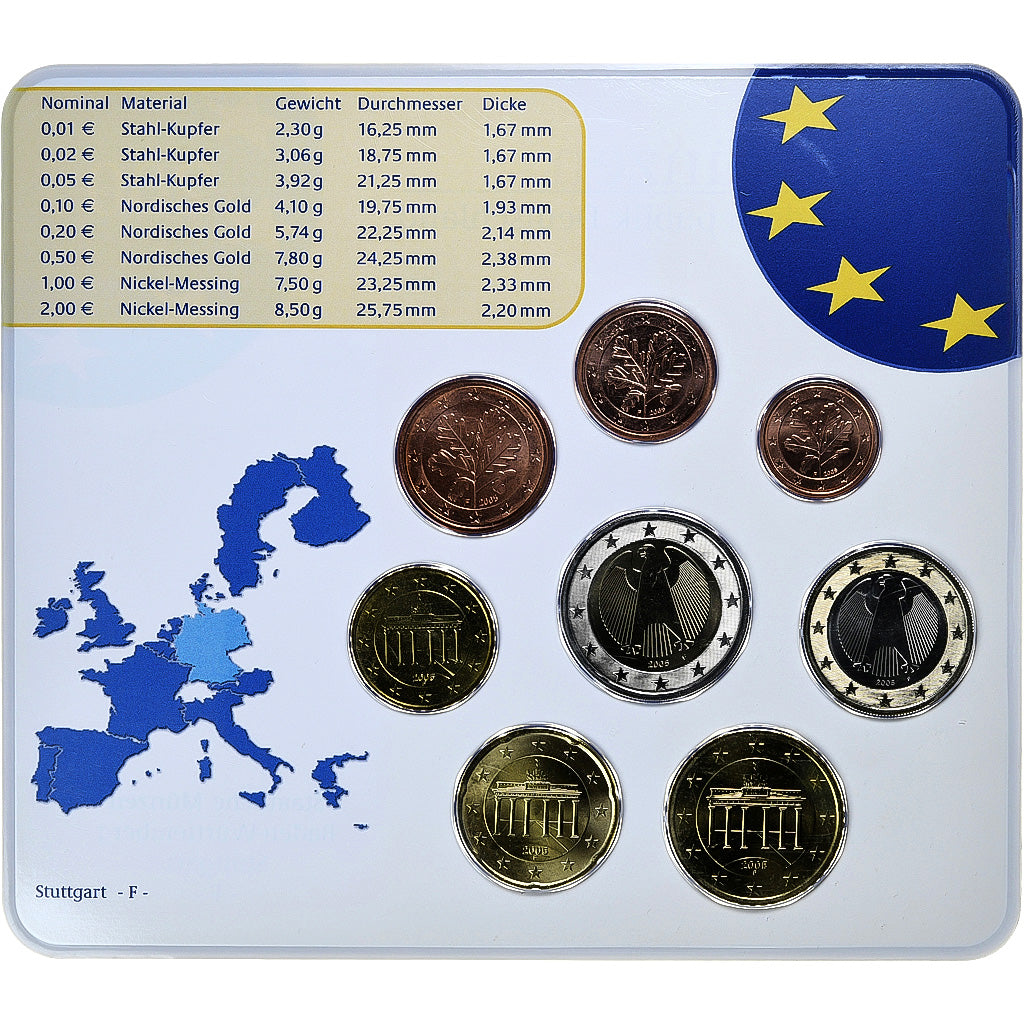 GERMANY - FEDERAL REPUBLIC, Set 1 ct. - 2 Euro, FDC, Coin card, 2005, Stuttgart