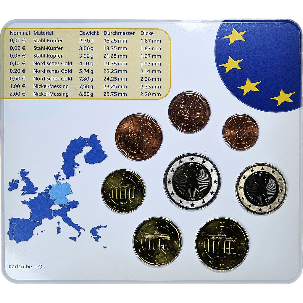 Bundesrepublik Deutschland, Set 1 ct. - 2 Euro, FDC, Coin card, 2005, Karlsruhe