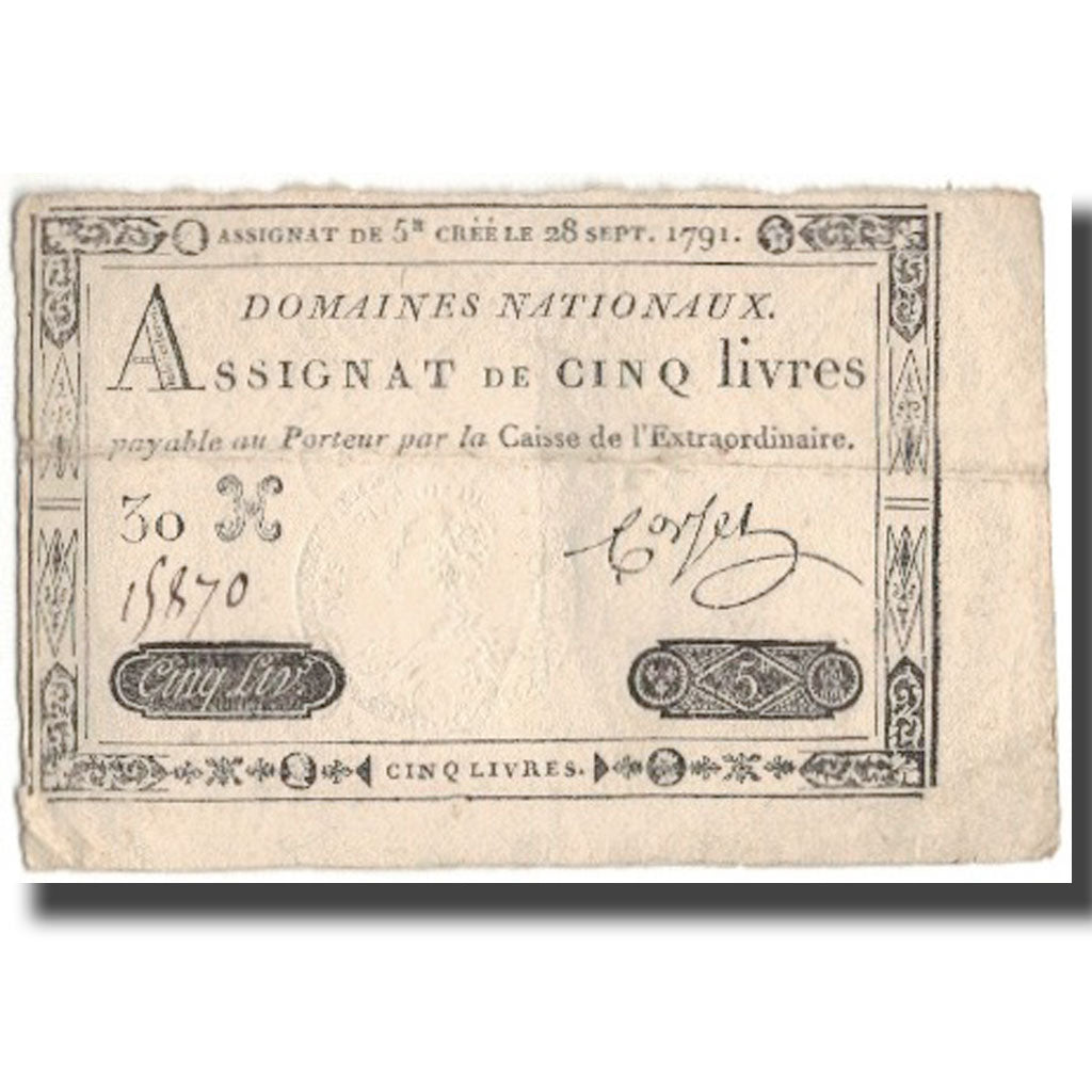 France, 5 Livres, 1791, Corset, 1791-09-28, VF(30-35), KM:A49, Lafaurie:144