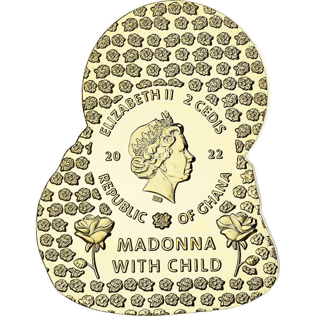 Ghana, 2 Cedis, Madonna with Child, 2022, Copper-Nickel Gilt, MS(65-70)