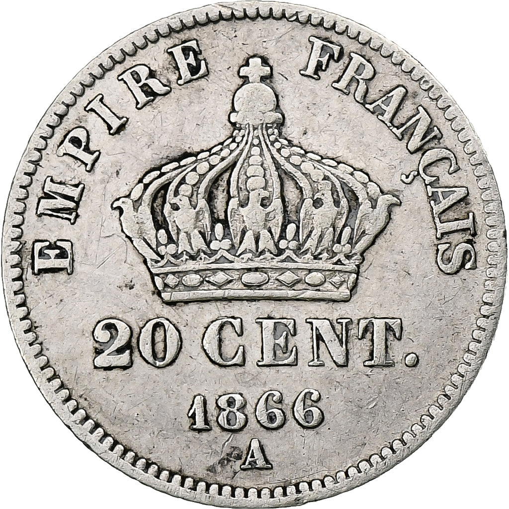France, Napoleon III, 20 Centimes, 1866, Paris, Silver, VF(30-35), Gadoury:308