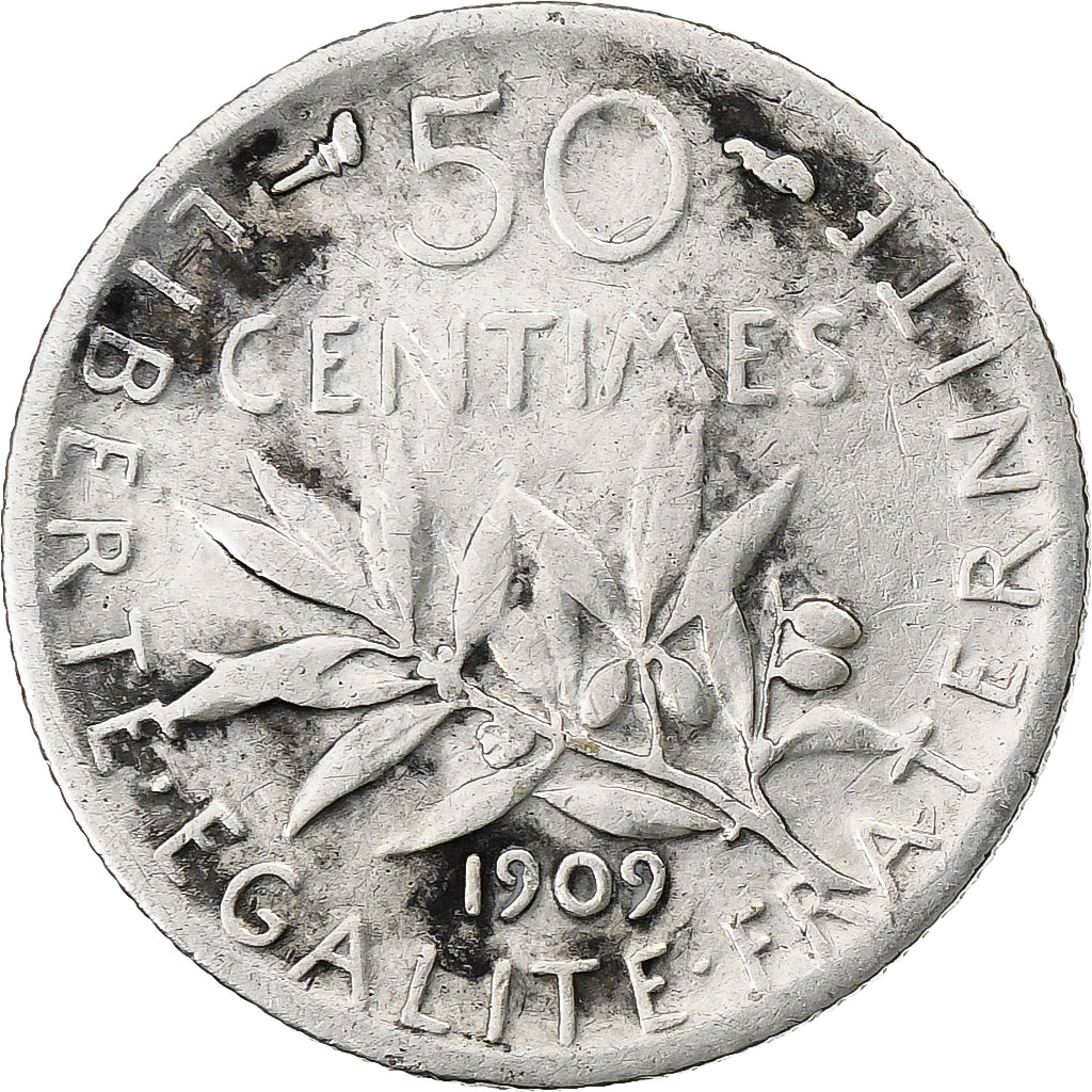 France, 50 Centimes, Semeuse, 1909, Paris, Silver, VF(30-35), Gadoury:420