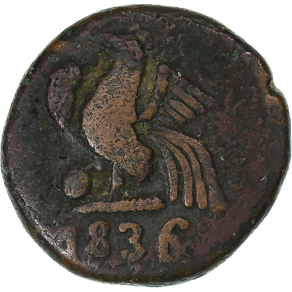 French India, Doudou, 1836, Pondicherry, Coq, Bronze, VF(30-35)