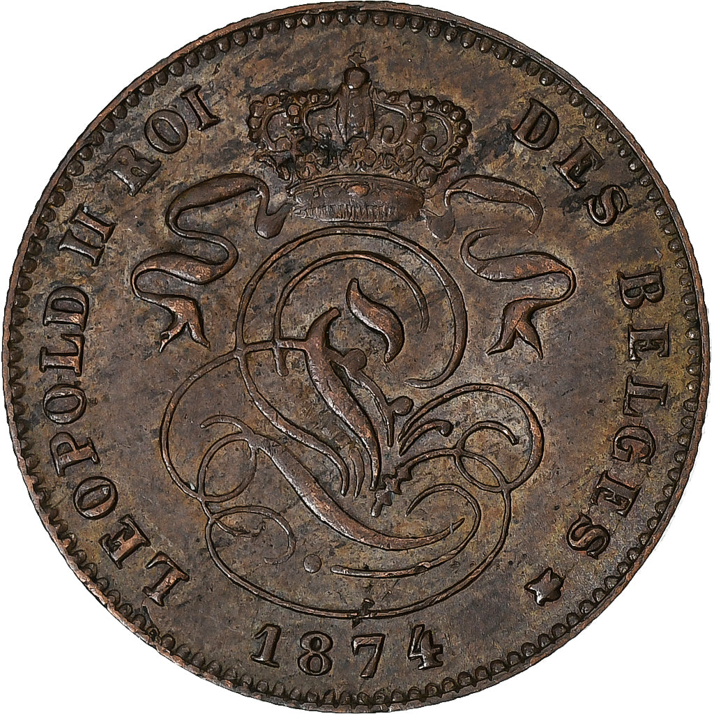 Belgio, Leopold II, 2 Centimes, 1874, Brussels, Rame, BB+, KM:35.1