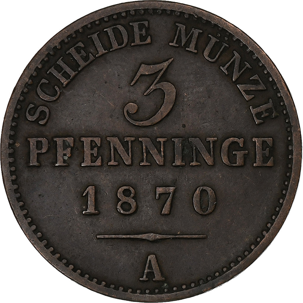 Deutschland, PRUSSIA, Wilhelm I, 3 Pfenninge, 1870, Berlin, Kupfer, SS+, KM:482