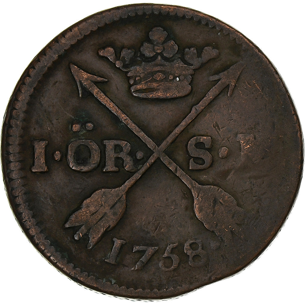 Suecia, Adolf Frederick, Ore, 1758, Bronce, BC+, KM:460