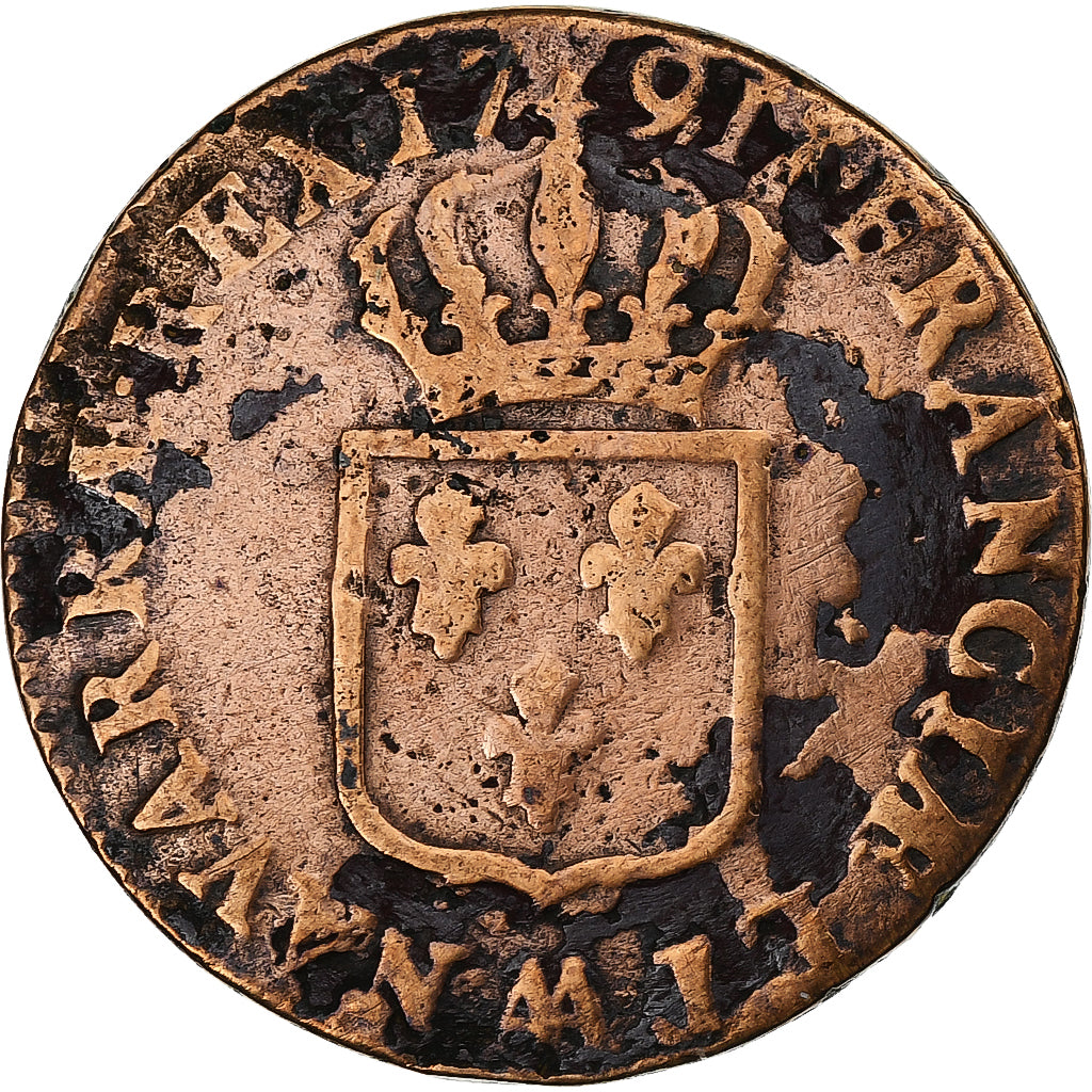 França, Louis XVI, Sol, 1791, Metz, 2nd semestre, Cobre, VF(30-35), Gadoury:350