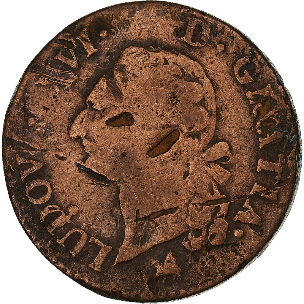 Frankreich, Louis XVI, Sol, 1791, Rouen, 2nd semestre, Kupfer, SGE+, Gadoury:350