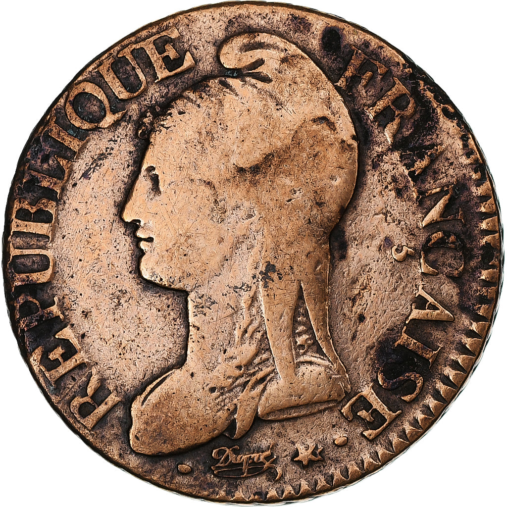 Francia, 5 Centimes, Dupré, AN 7, Paris, Bronce, BC+, Gadoury:126