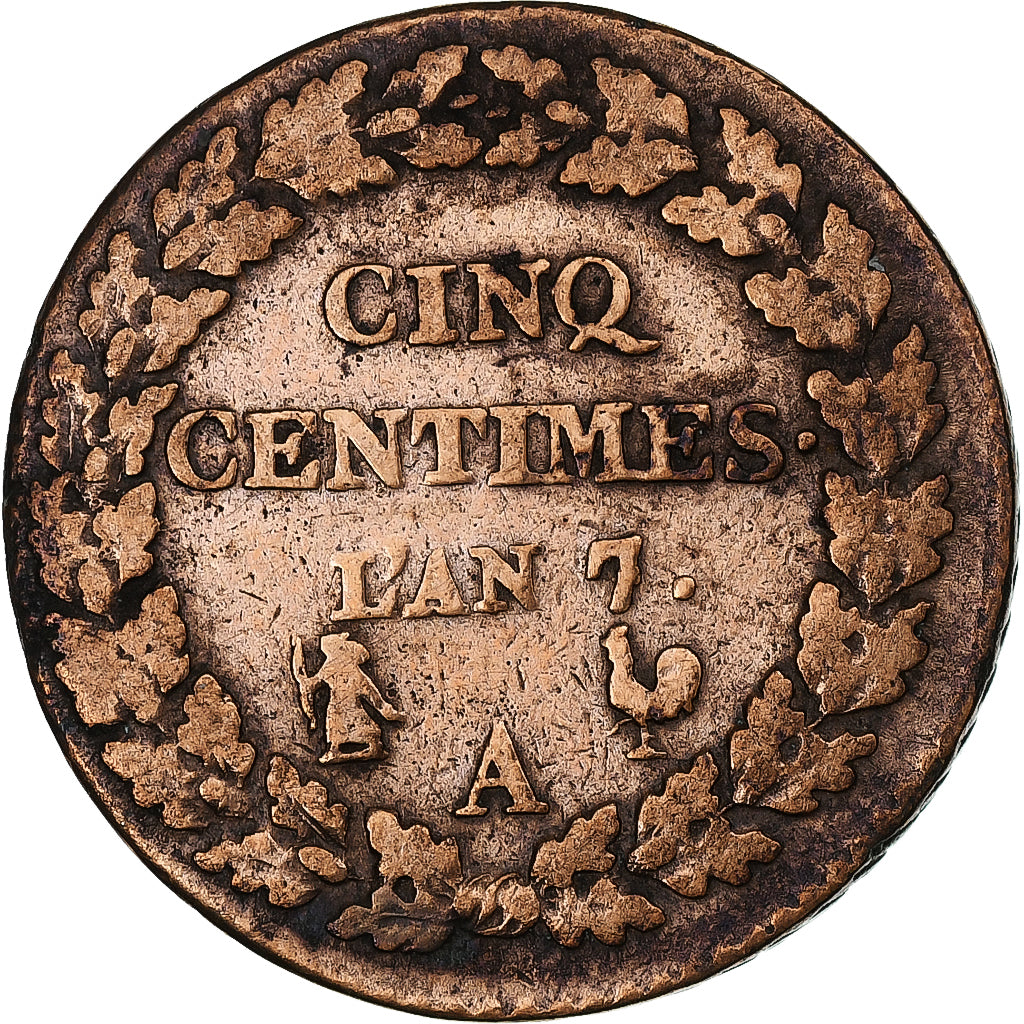 Francia, 5 Centimes, Dupré, AN 7, Paris, Bronce, BC+, Gadoury:126