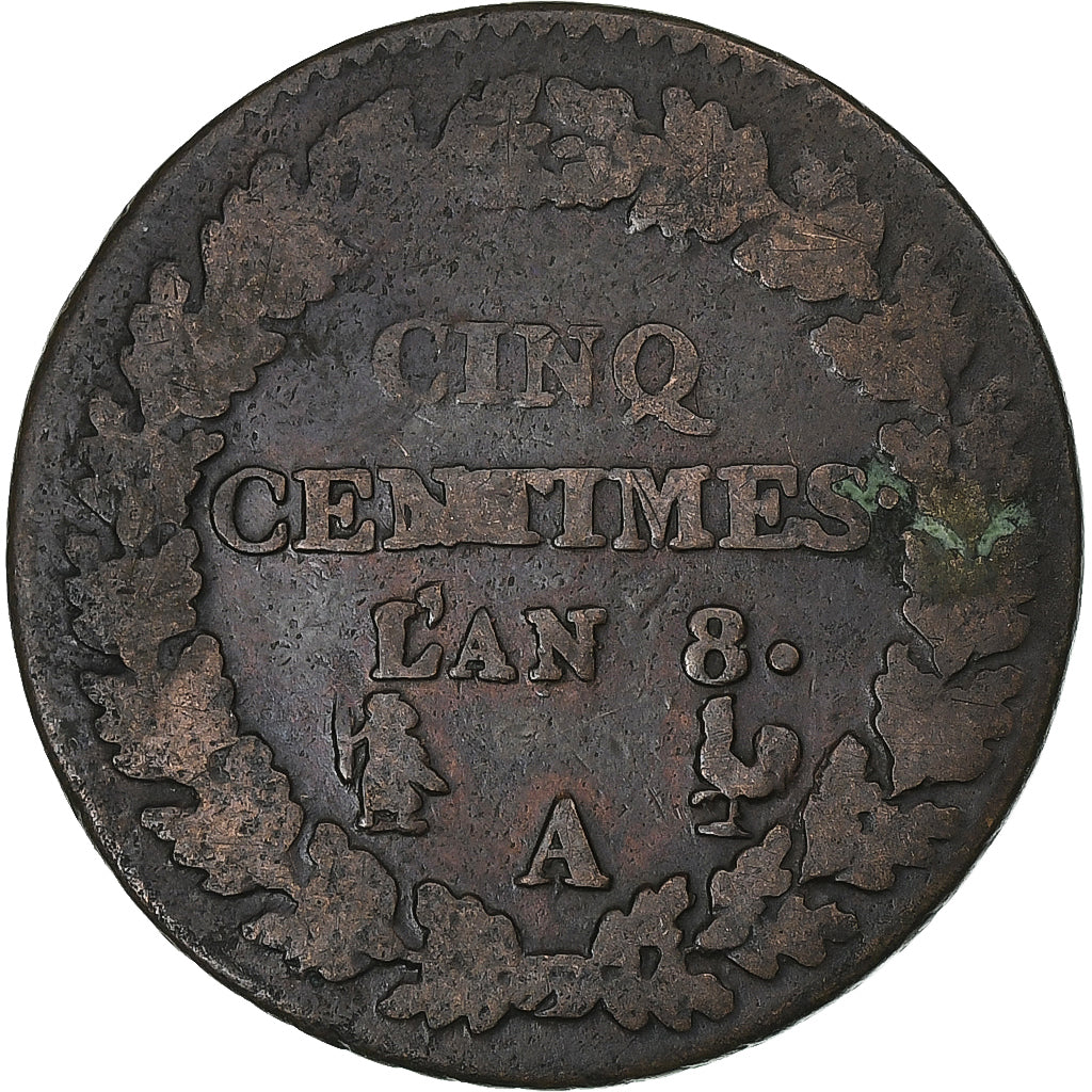 Francia, 5 Centimes, Dupré, AN 8, Paris, Bronce, BC+, Gadoury:126a