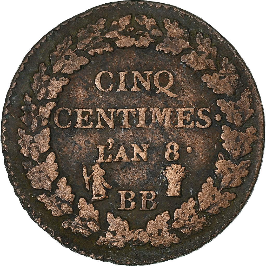 France, 5 Centimes, Dupré, AN 8, Strasbourg, Bronze, F(12-15), Gadoury:126a