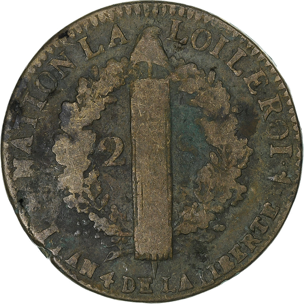 France, Louis XVI, 2 Sols, 1792 / AN 4, Lille, Métal de cloche, TB, Gadoury:25