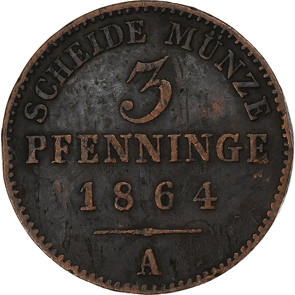 Germany, PRUSSIA, Wilhelm I, 3 Pfenninge, 1864, Berlin, Copper, EF(40-45)
