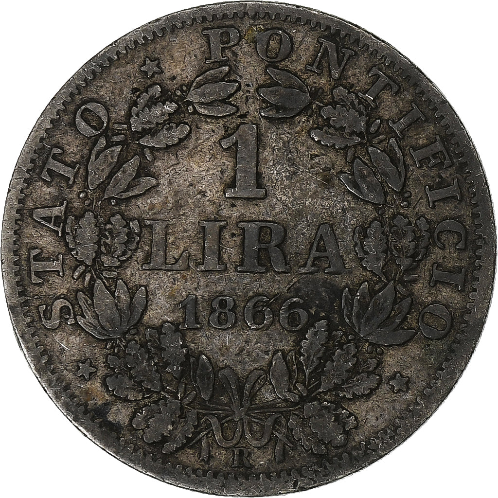 Vatican, PAPAL STATES, Pius IX, 1 Lire, 1866, Rome, Silver, VF(30-35)