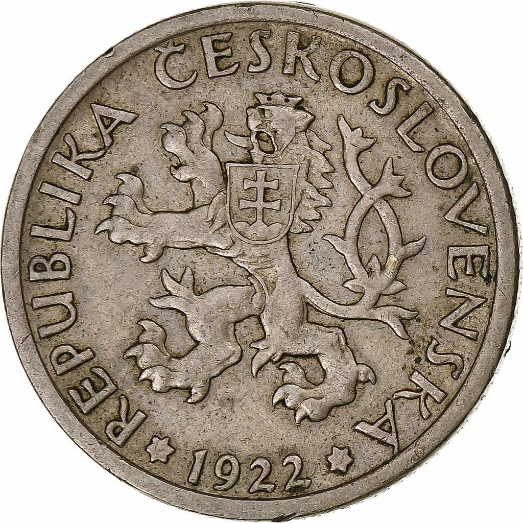 Czechoslovakia, Koruna, 1922, Copper-nickel, AU(55-58), KM:4