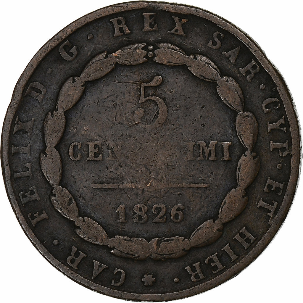 Itália, Carlo Felice, 5 Centesimi, 1826, Cobre, VF(20-25), KM:127.1